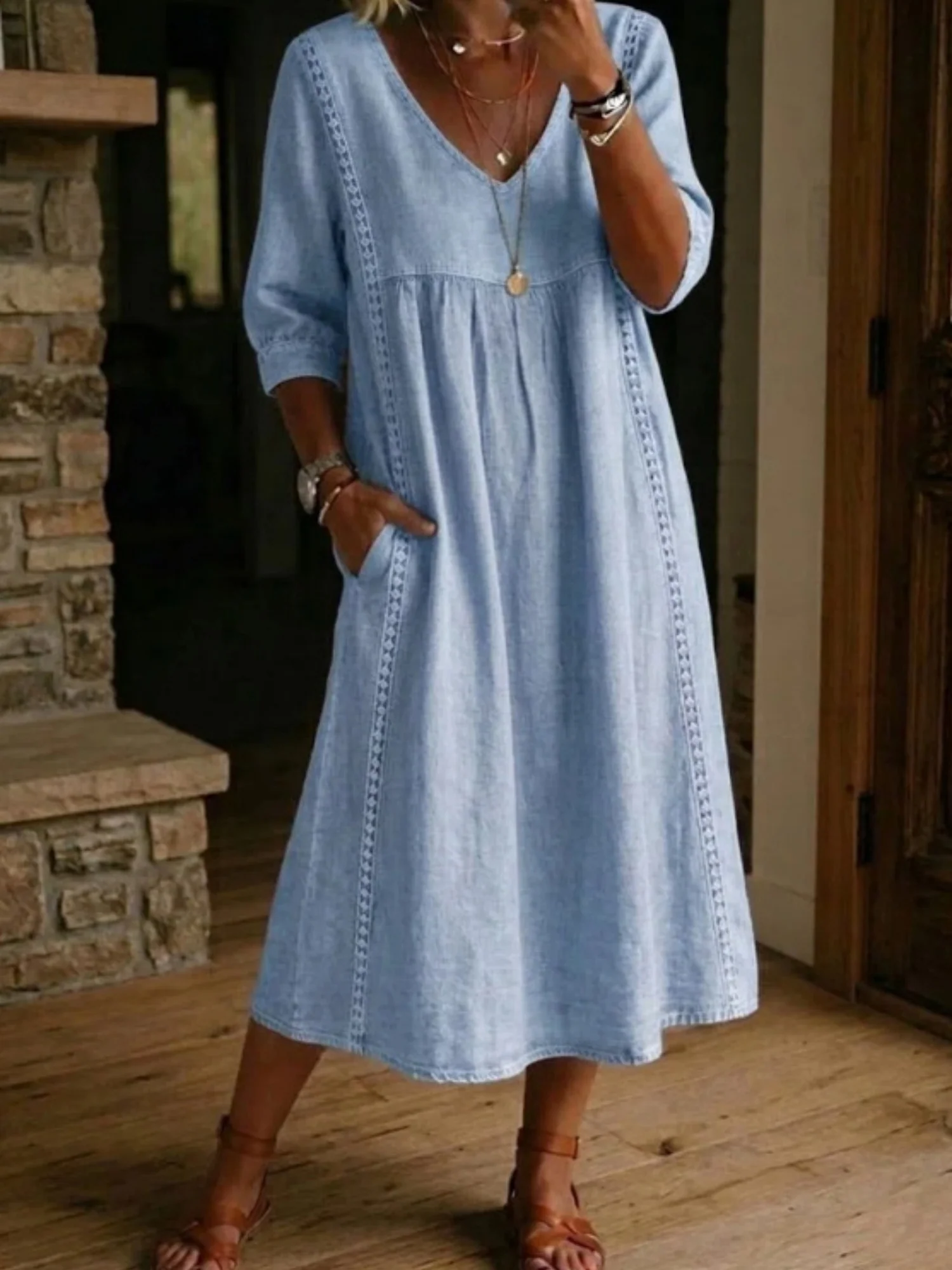 Lace Trim Linen Cotton V-neck Maxi Dresses - Image 8