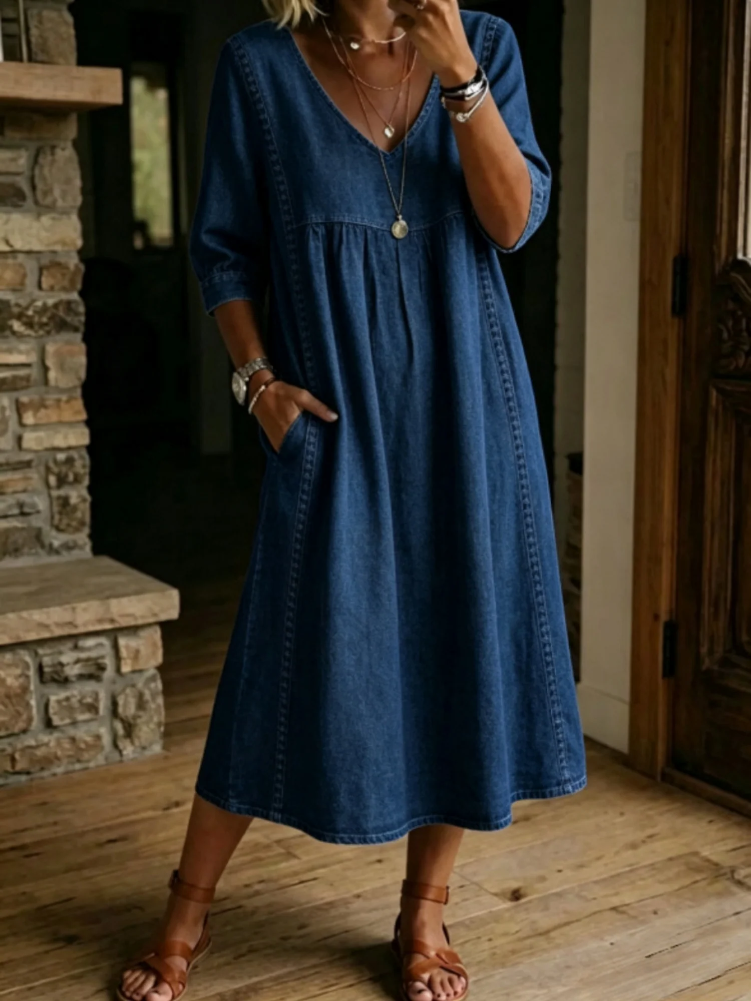 Lace Trim Linen Cotton V-neck Maxi Dresses - Image 9
