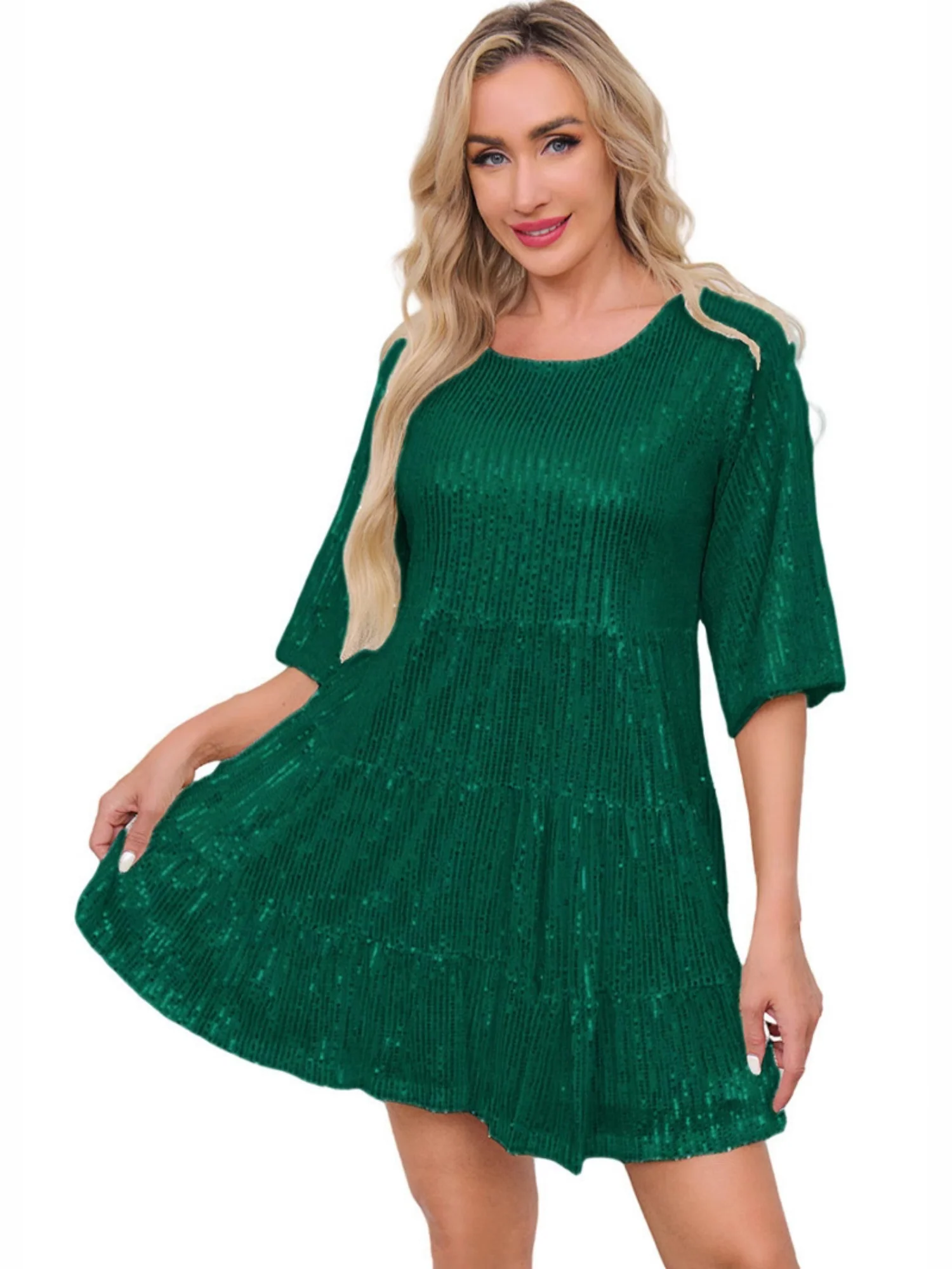 Sequins Pleated Multi-story Crew Neck Short Sleeve Mini&Short Dresses - Image 10