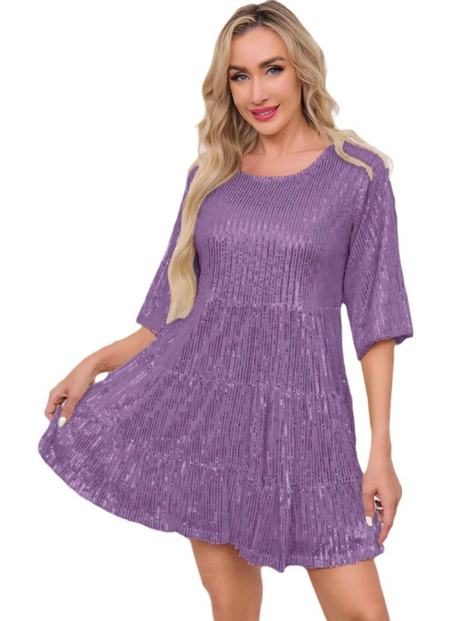 Sequins Pleated Multi-story Crew Neck Short Sleeve Mini&Short Dresses - Image 11