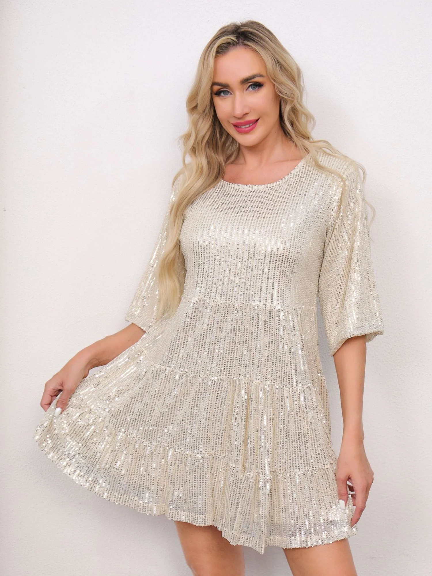 Sequins Pleated Multi-story Crew Neck Short Sleeve Mini&Short Dresses - Image 4