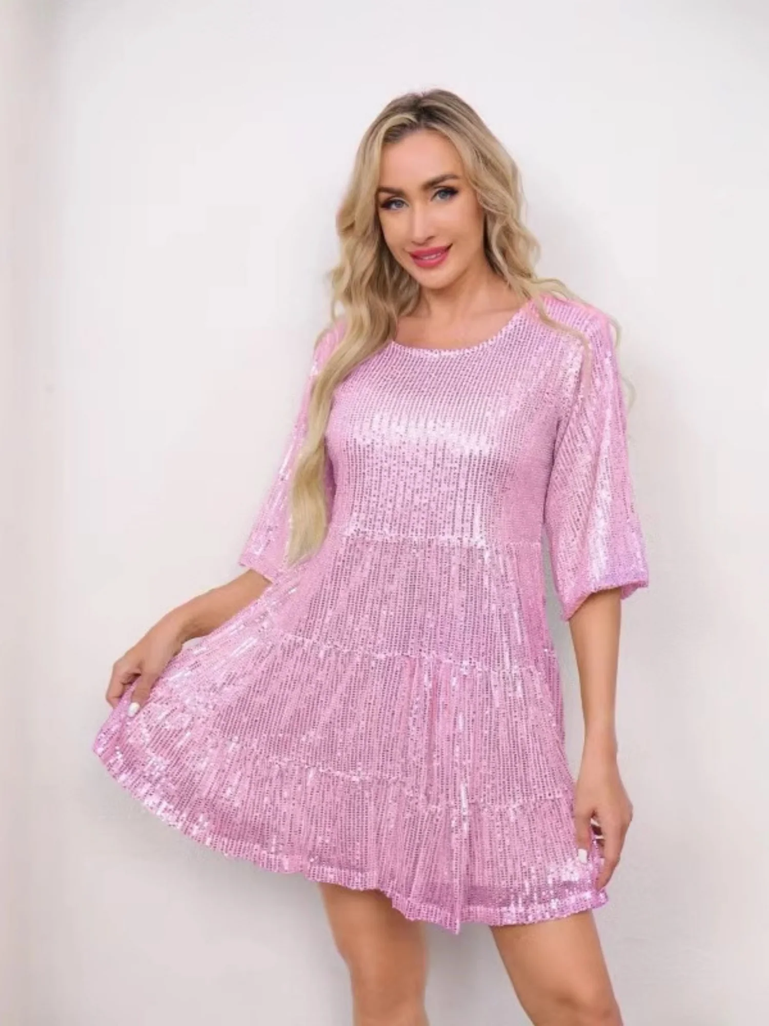 Sequins Pleated Multi-story Crew Neck Short Sleeve Mini&Short Dresses - Image 5