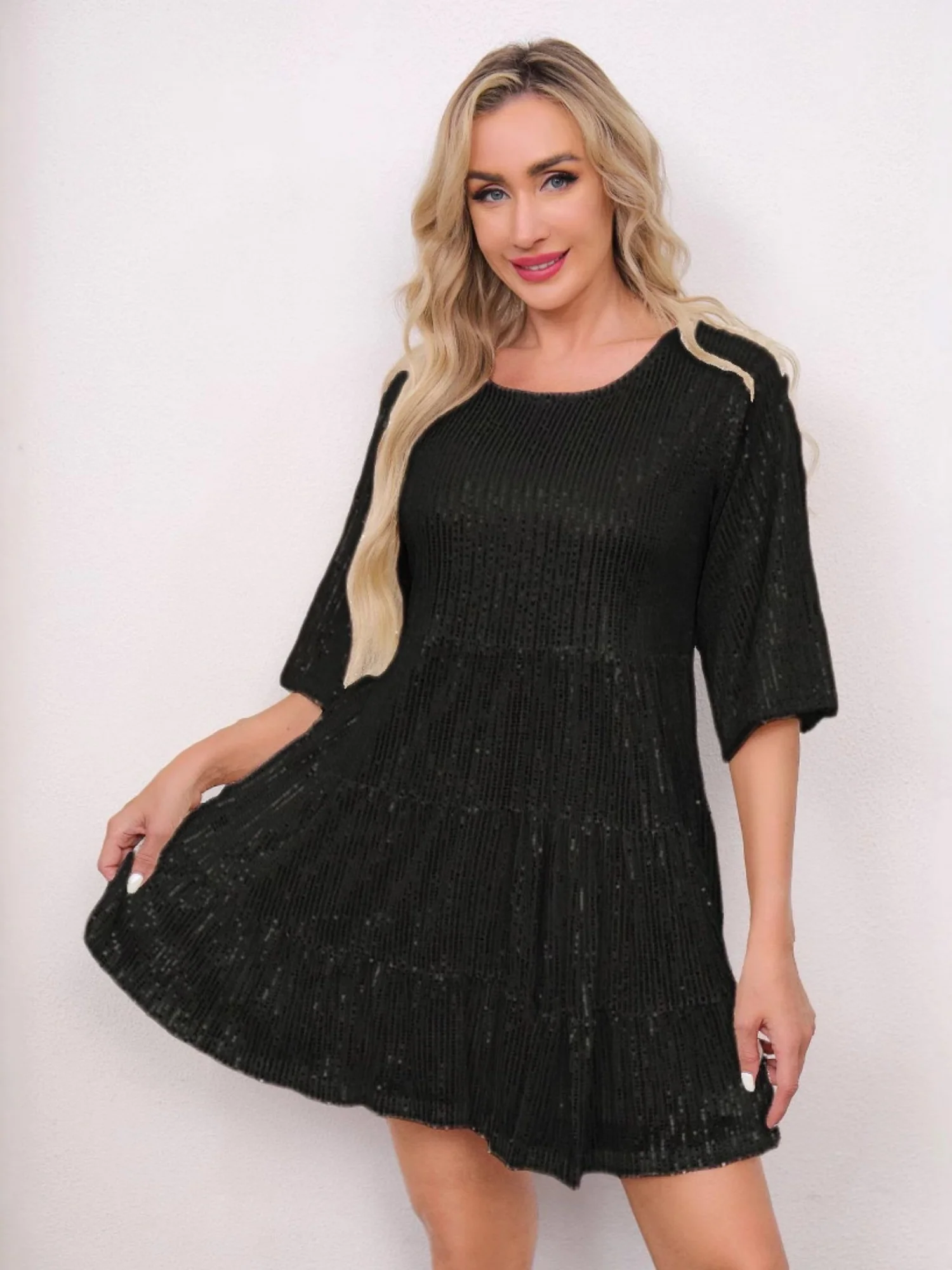 Sequins Pleated Multi-story Crew Neck Short Sleeve Mini&Short Dresses - Image 6