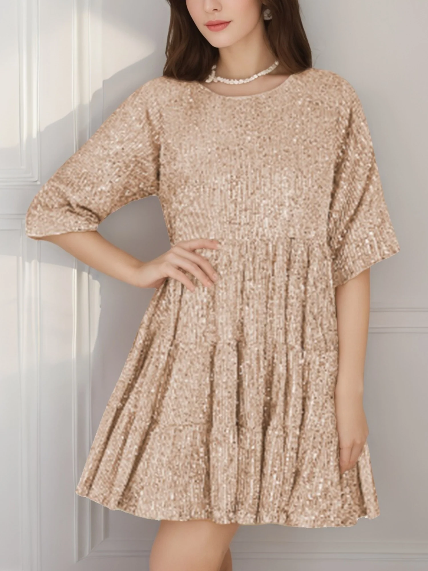 Sequins Pleated Multi-story Crew Neck Short Sleeve Mini&Short Dresses - Image 7