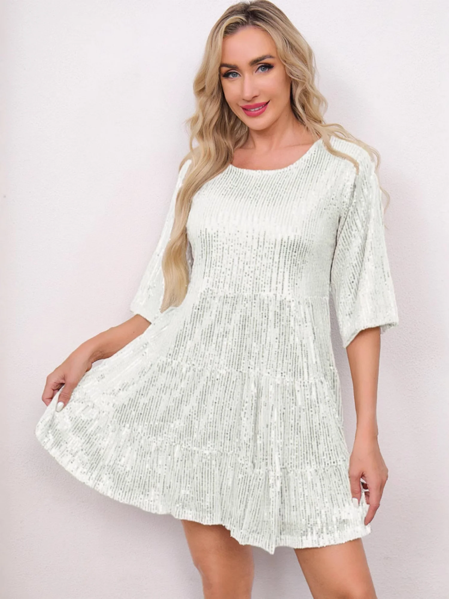 Sequins Pleated Multi-story Crew Neck Short Sleeve Mini&Short Dresses - Image 8