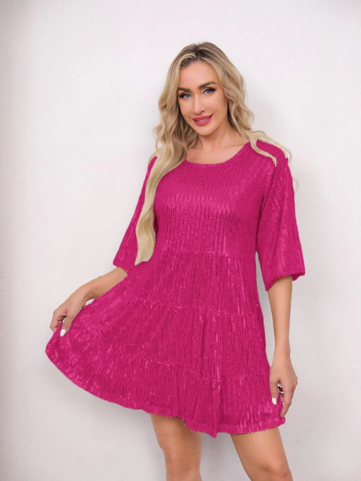 Sequins Pleated Multi-story Crew Neck Short Sleeve Mini&Short Dresses - Image 9