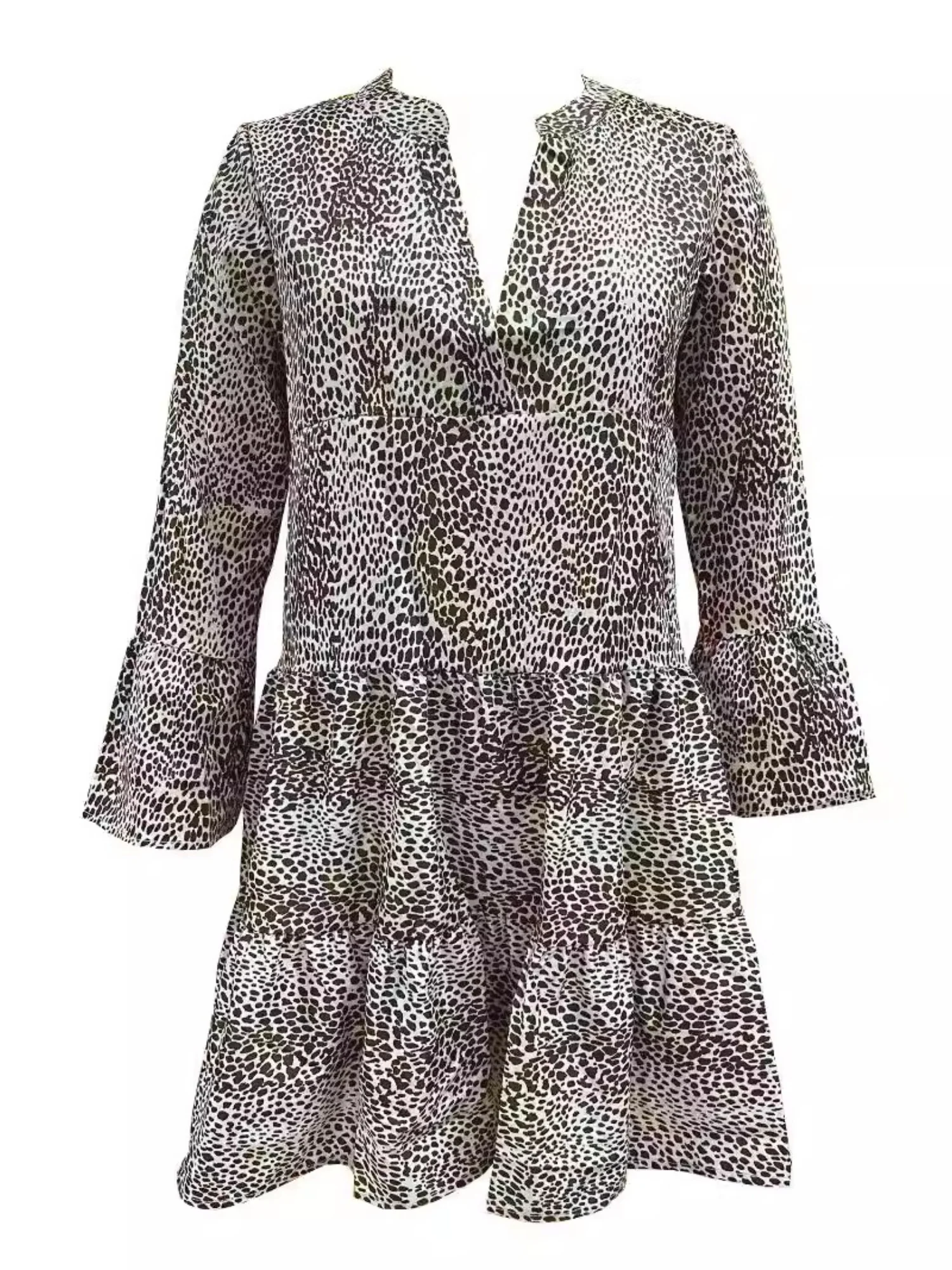 Leopard Print V-neck Long Sleeves Large Skirt Mini&Short Dresses - Image 2