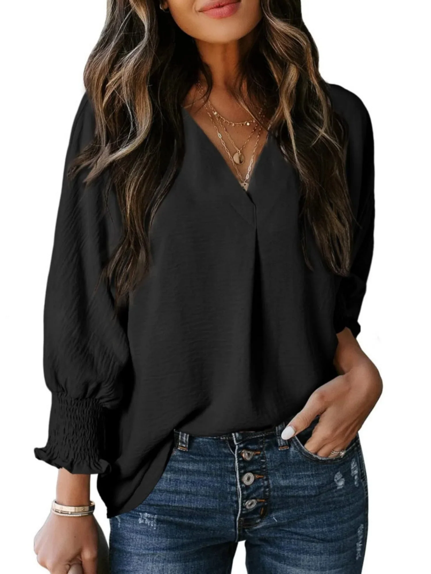 V-neck Long Sleeve Roll Up The Cuffs Shirt T-shirts - Image 12