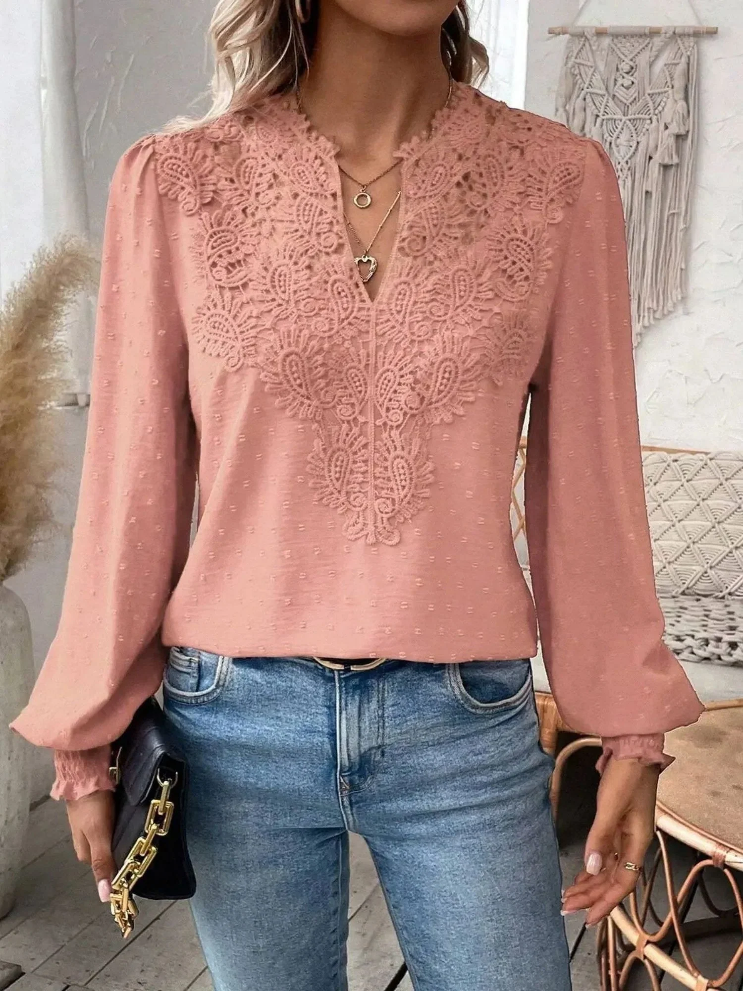 Lace Trim V-neck Long Sleeve Shirt T-shirts - Image 2