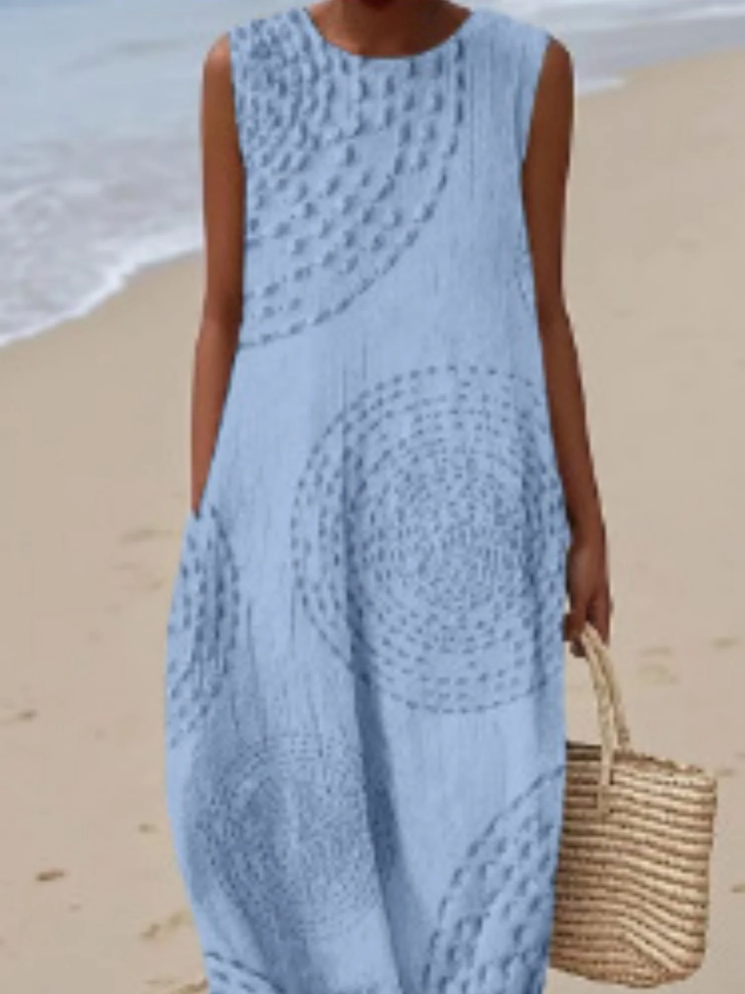 Printed Pocket Round Neck Sleeveless Maxi Dresses - Image 7
