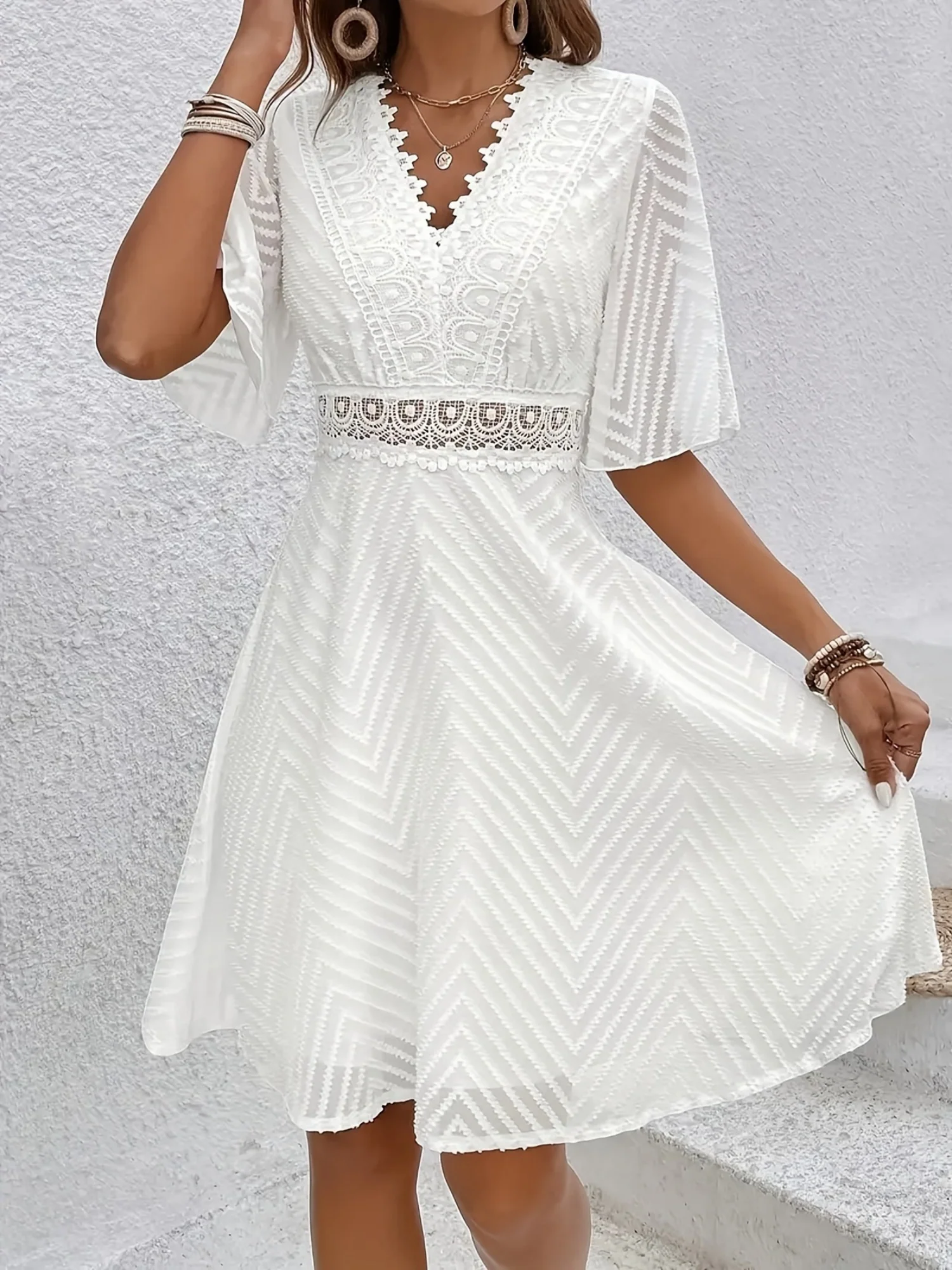Lace Patchwork Hollow Out Stripes V-neck Short Sleeve Mini&Short Dresses - Image 3