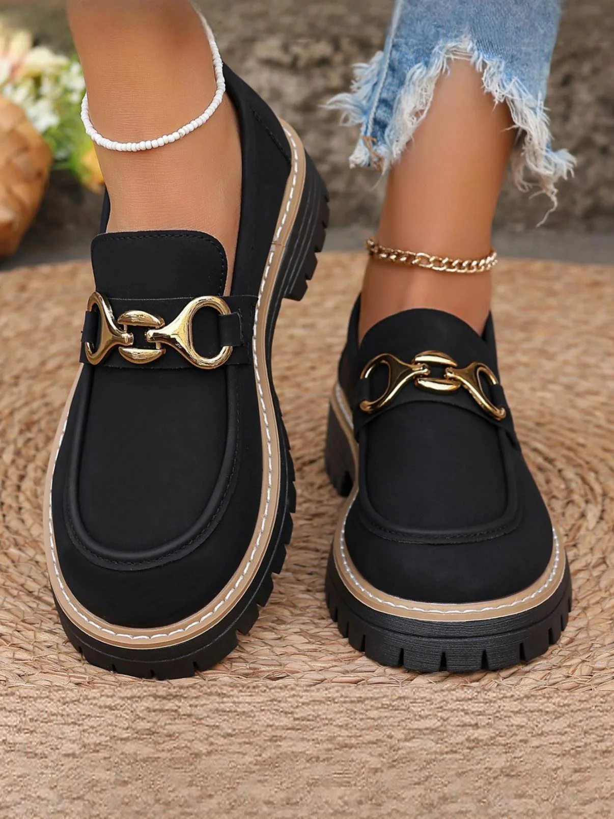 Solid Color Platform Loafers With Metal Buckles - Image 3