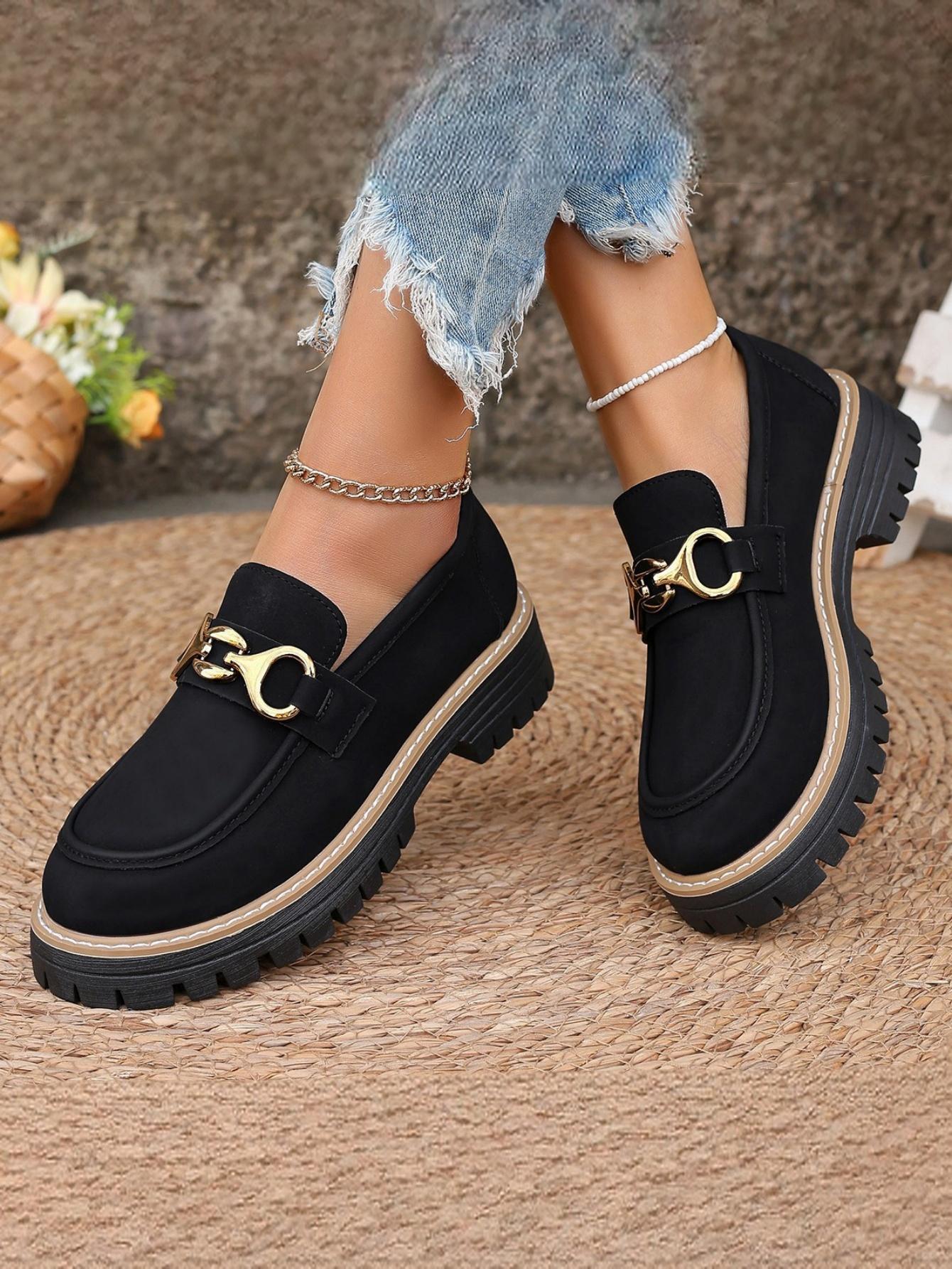 Solid Color Platform Loafers With Metal Buckles - Image 4