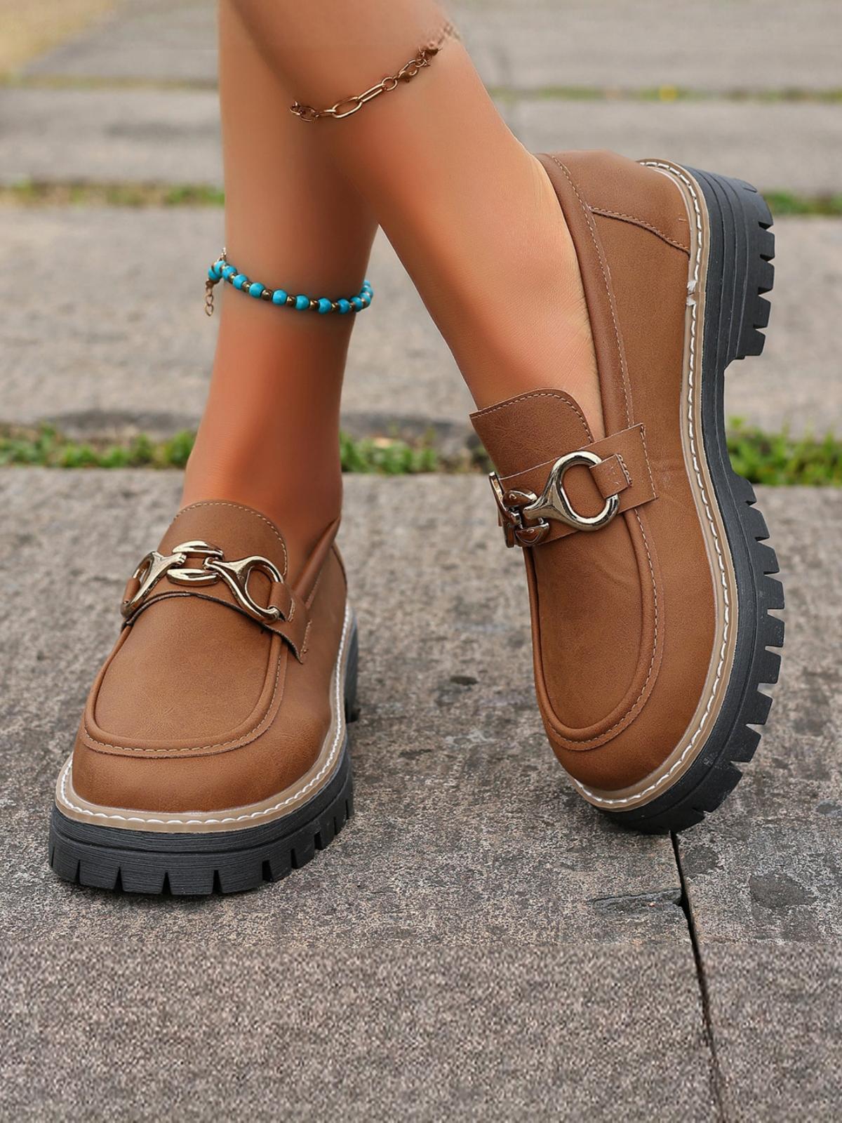 Solid Color Platform Loafers With Metal Buckles - Image 7