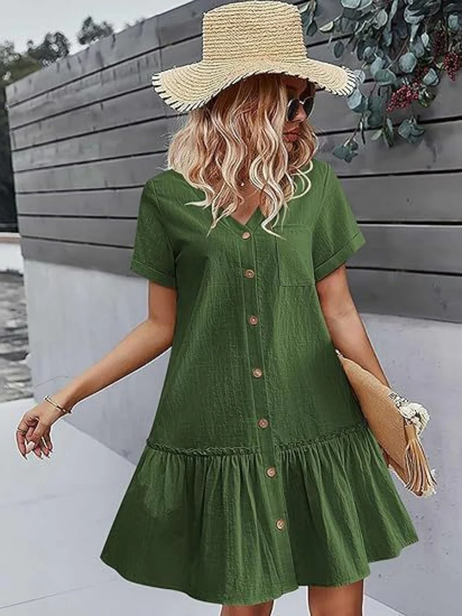 Single Row V-neck Loose-fit Short Sleeve Mini&Short Dresses - Image 10