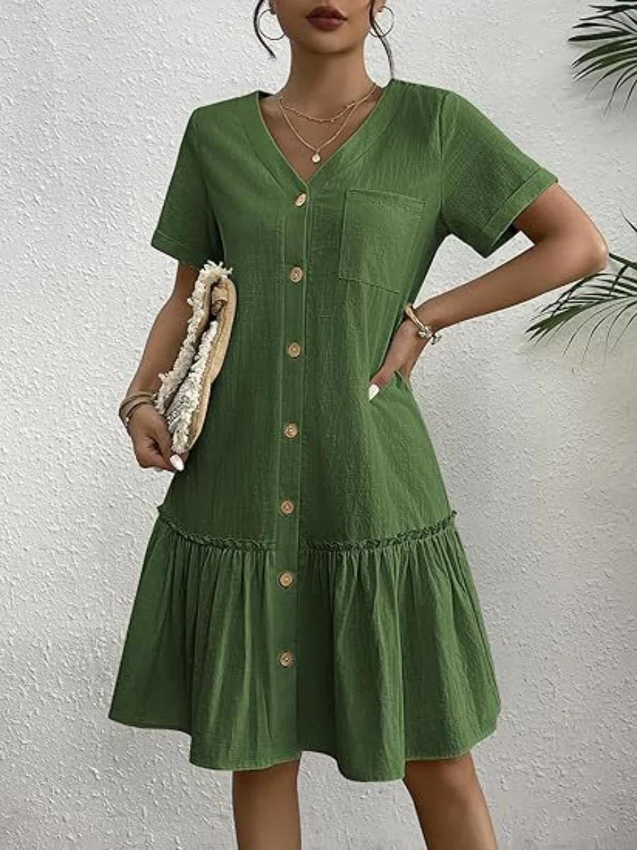 Single Row V-neck Loose-fit Short Sleeve Mini&Short Dresses - Image 11