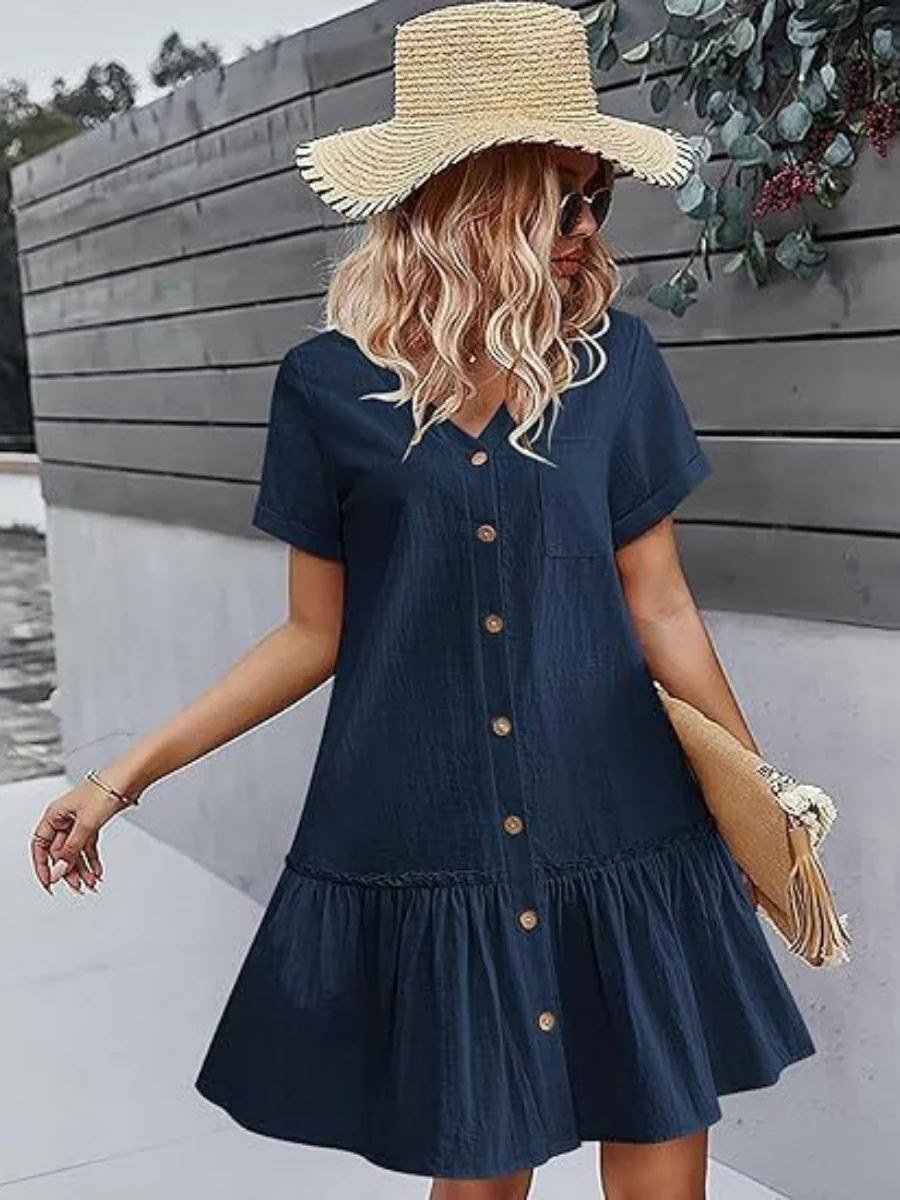 Single Row V-neck Loose-fit Short Sleeve Mini&Short Dresses - Image 12