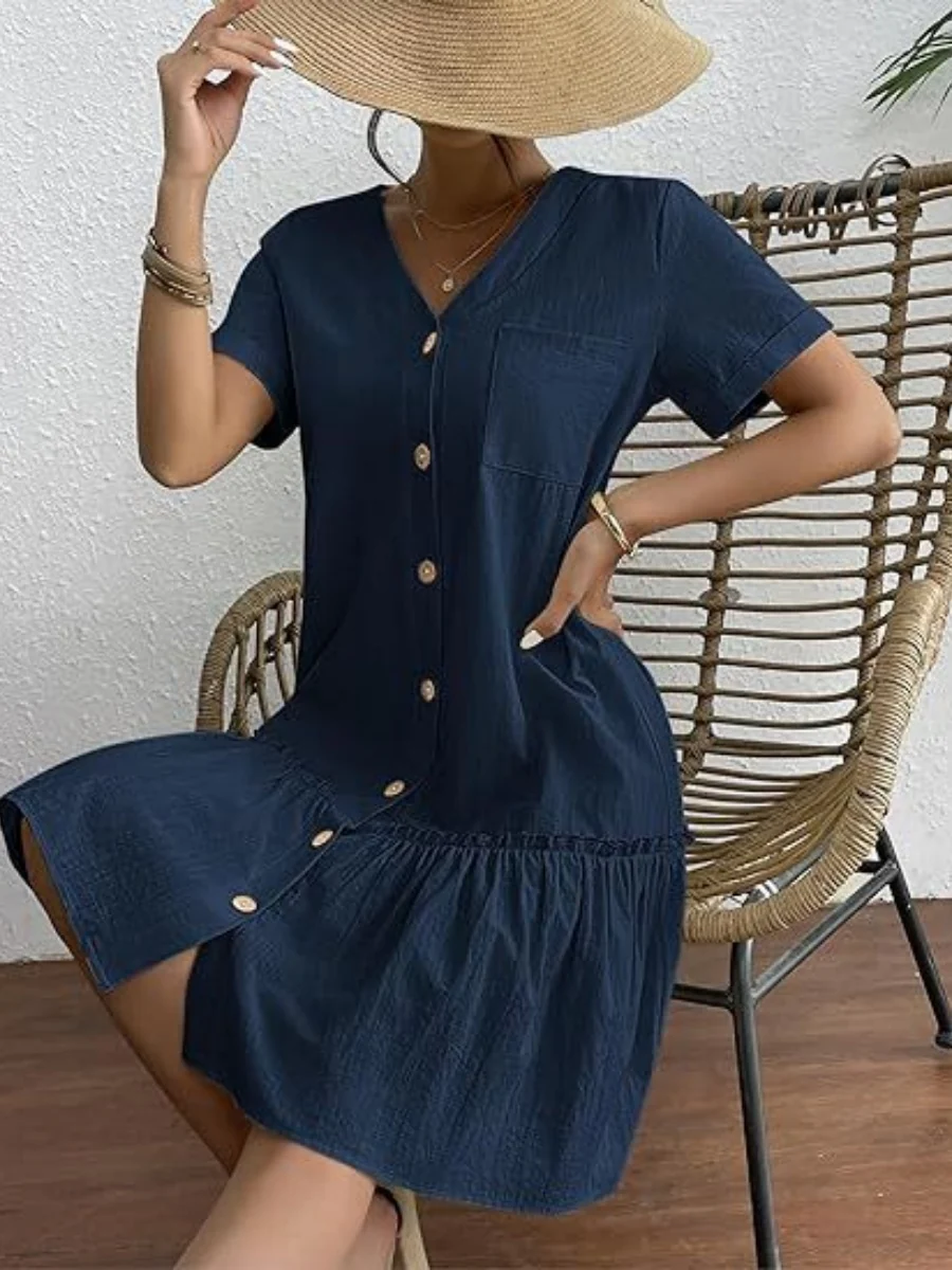 Single Row V-neck Loose-fit Short Sleeve Mini&Short Dresses - Image 13