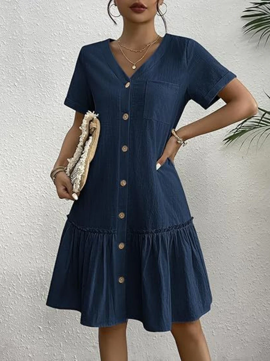 Single Row V-neck Loose-fit Short Sleeve Mini&Short Dresses - Image 14