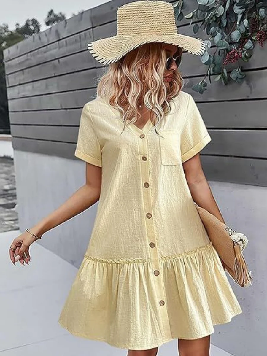 Single Row V-neck Loose-fit Short Sleeve Mini&Short Dresses - Image 15