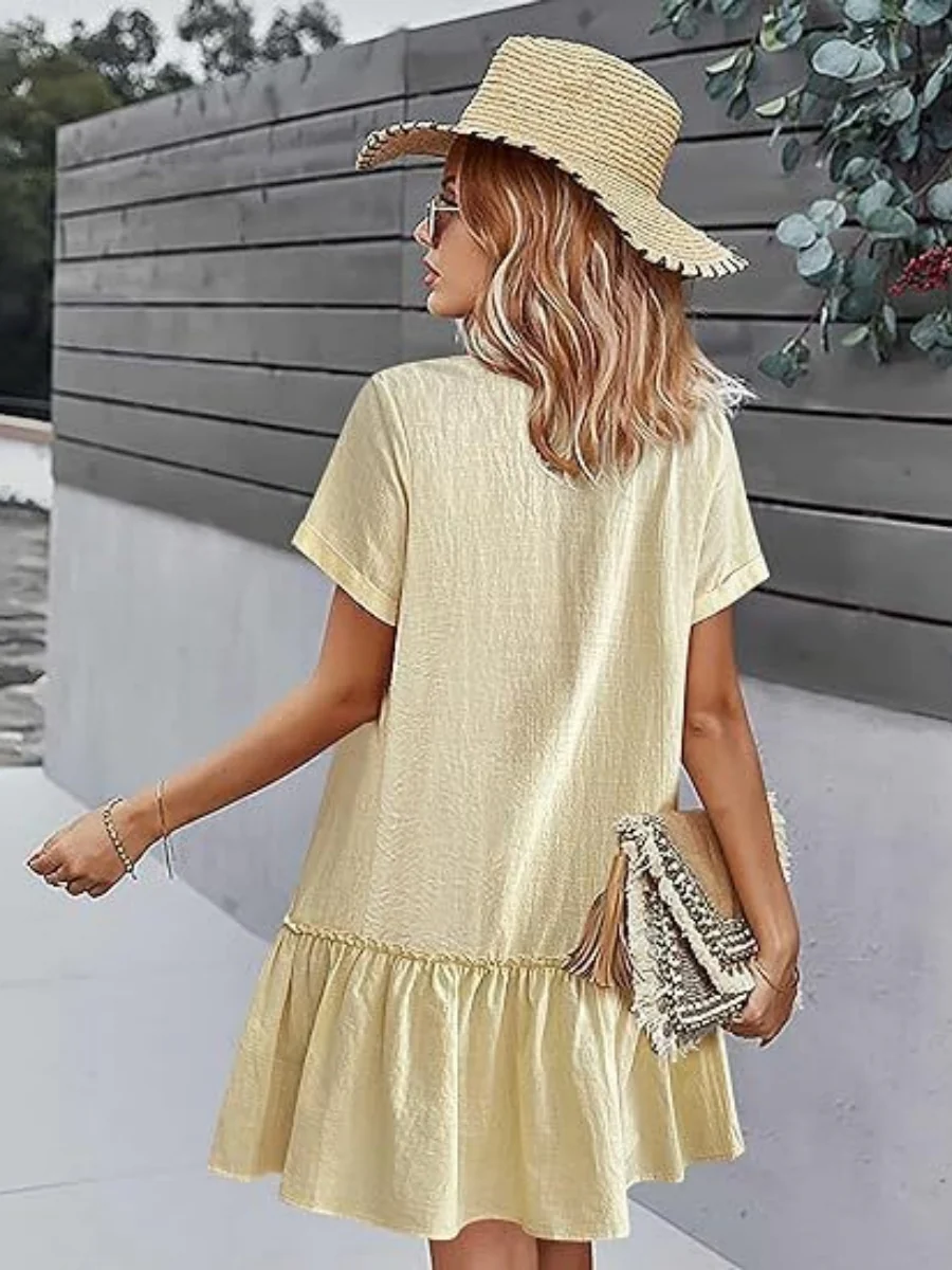 Single Row V-neck Loose-fit Short Sleeve Mini&Short Dresses - Image 16
