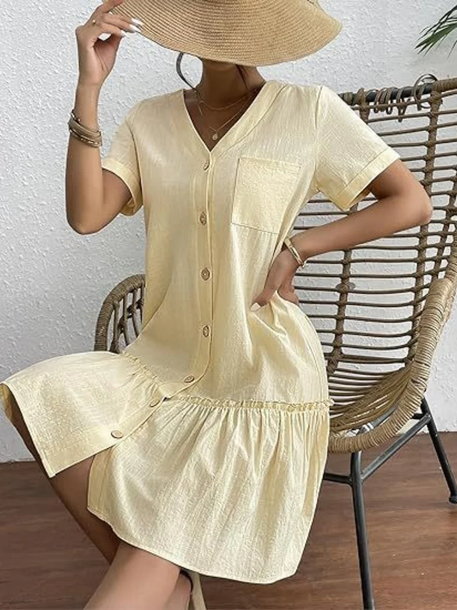 Single Row V-neck Loose-fit Short Sleeve Mini&Short Dresses - Image 17