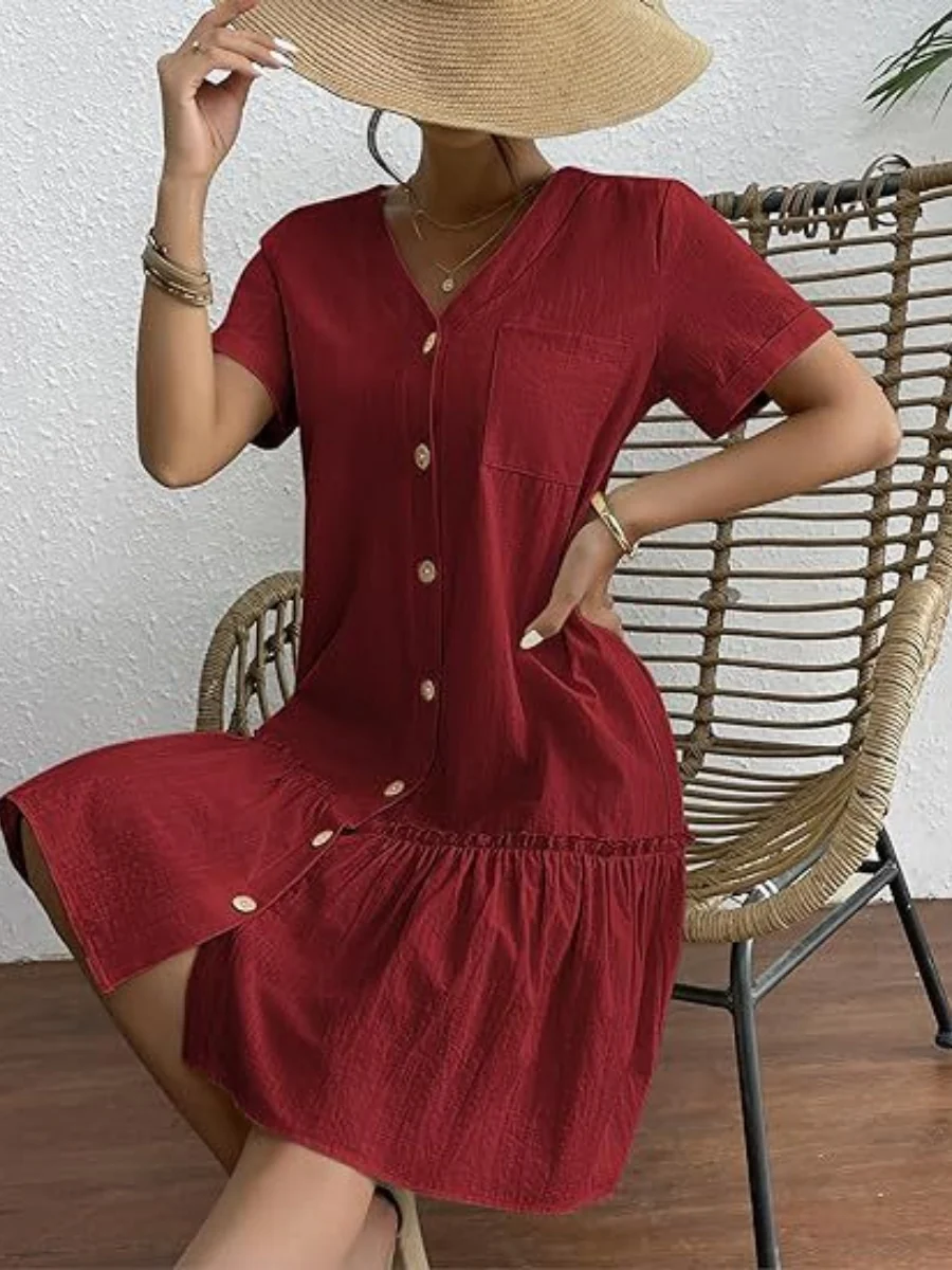 Single Row V-neck Loose-fit Short Sleeve Mini&Short Dresses - Image 18