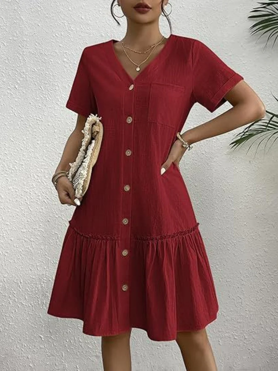 Single Row V-neck Loose-fit Short Sleeve Mini&Short Dresses - Image 19