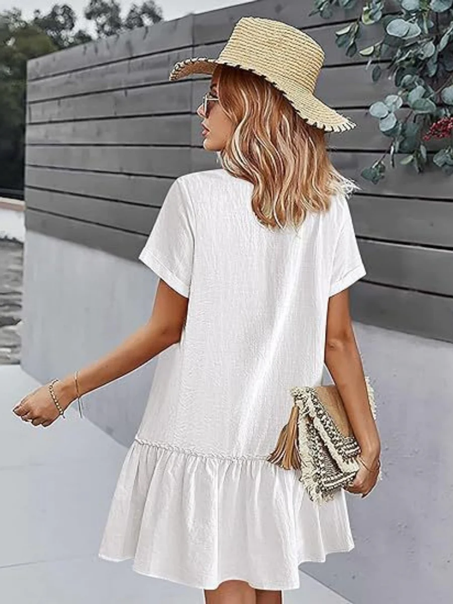 Single Row V-neck Loose-fit Short Sleeve Mini&Short Dresses - Image 2