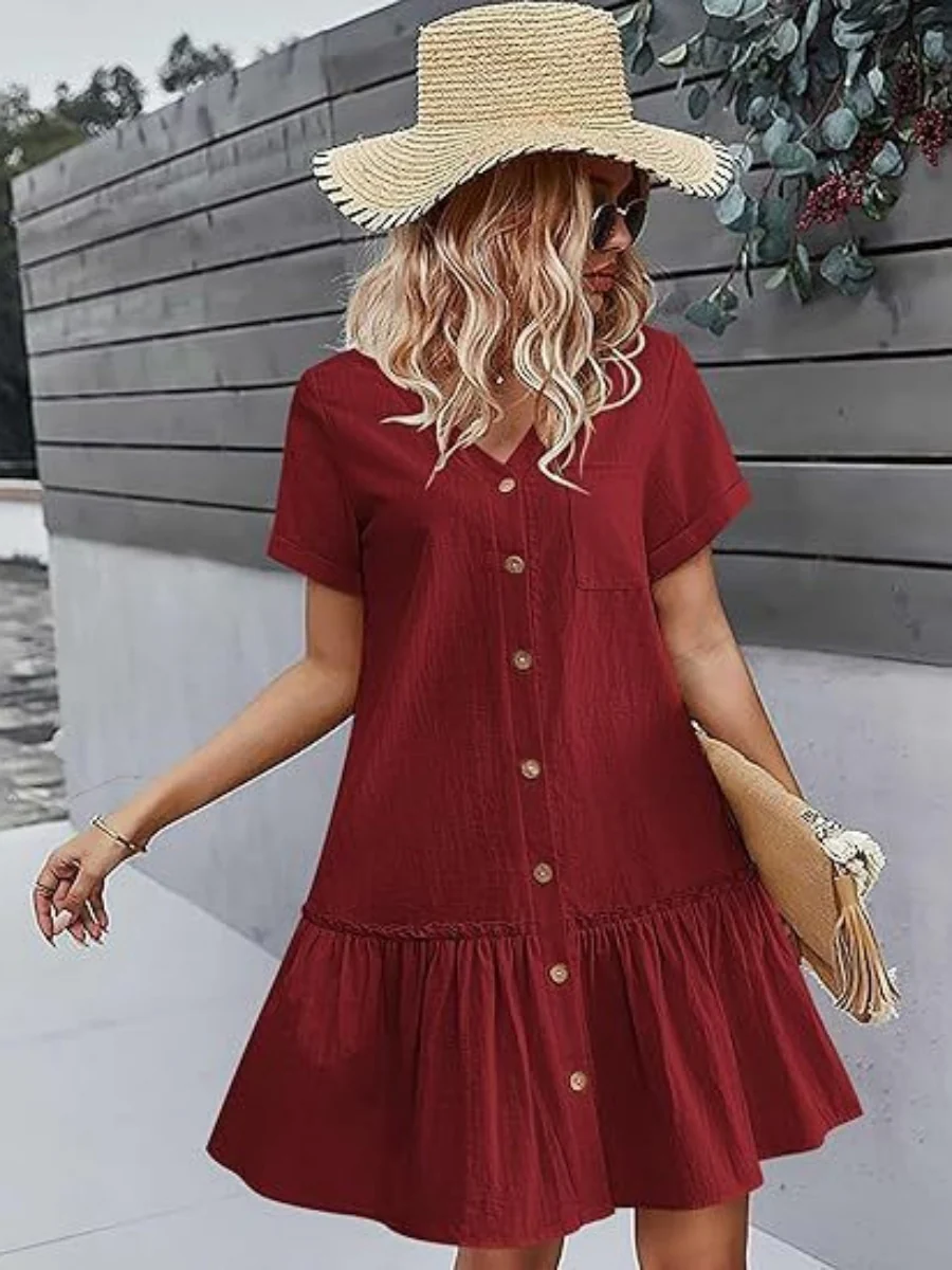 Single Row V-neck Loose-fit Short Sleeve Mini&Short Dresses - Image 20