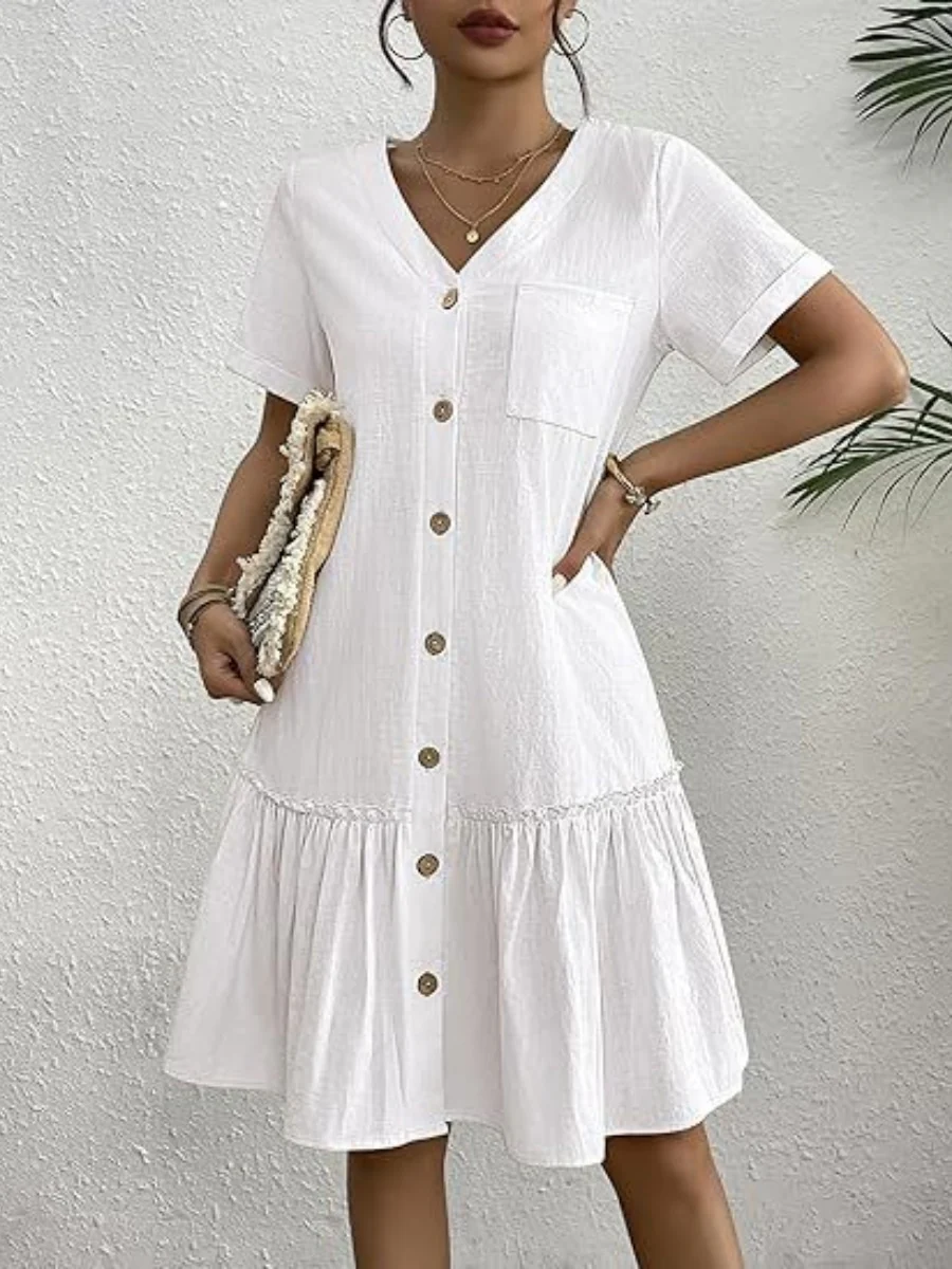 Single Row V-neck Loose-fit Short Sleeve Mini&Short Dresses - Image 3