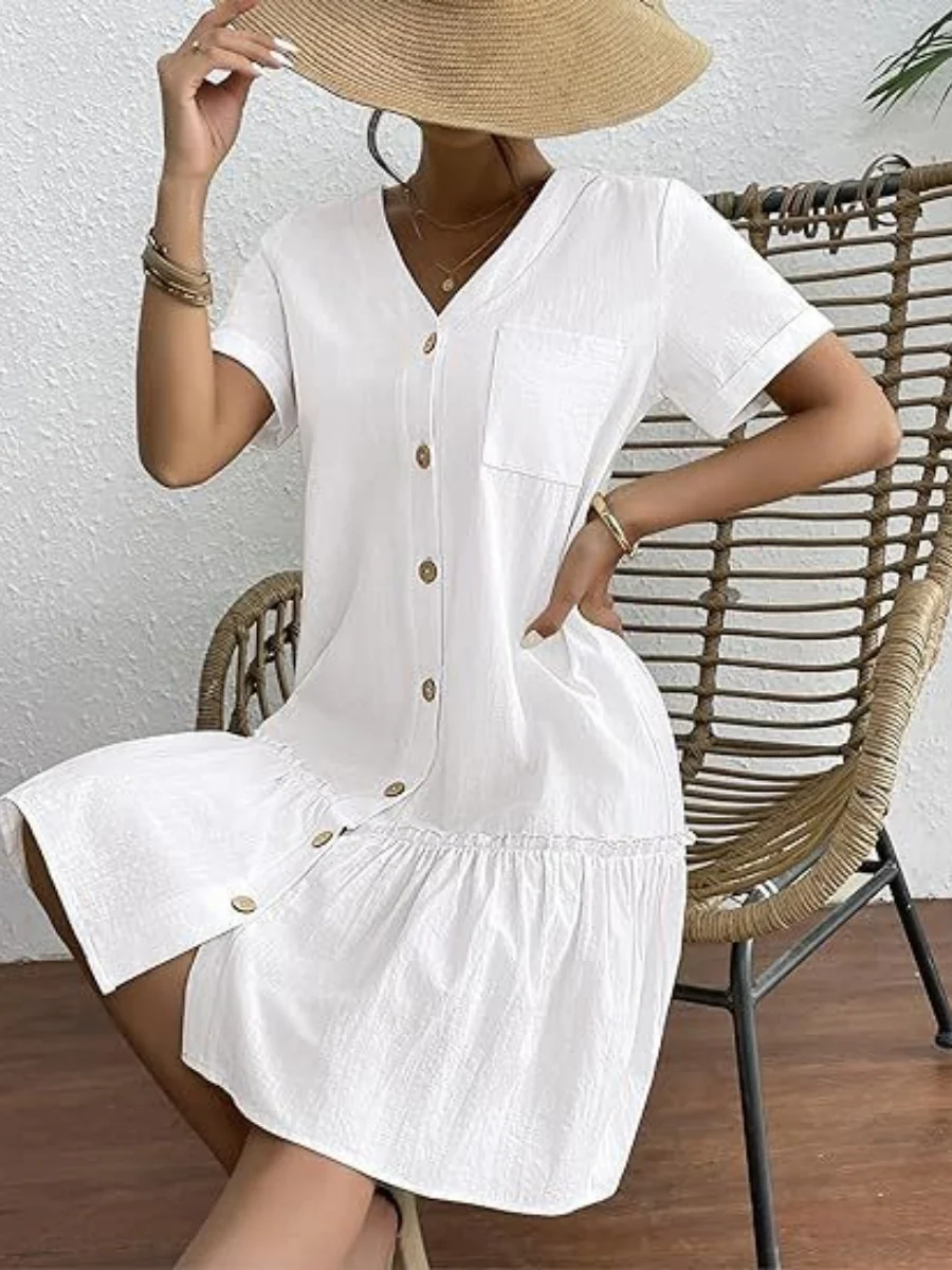 Single Row V-neck Loose-fit Short Sleeve Mini&Short Dresses - Image 4