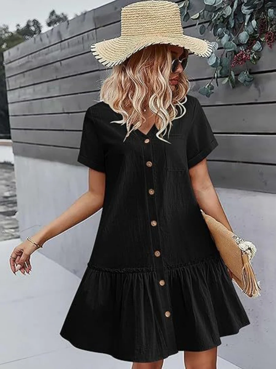 Single Row V-neck Loose-fit Short Sleeve Mini&Short Dresses - Image 5
