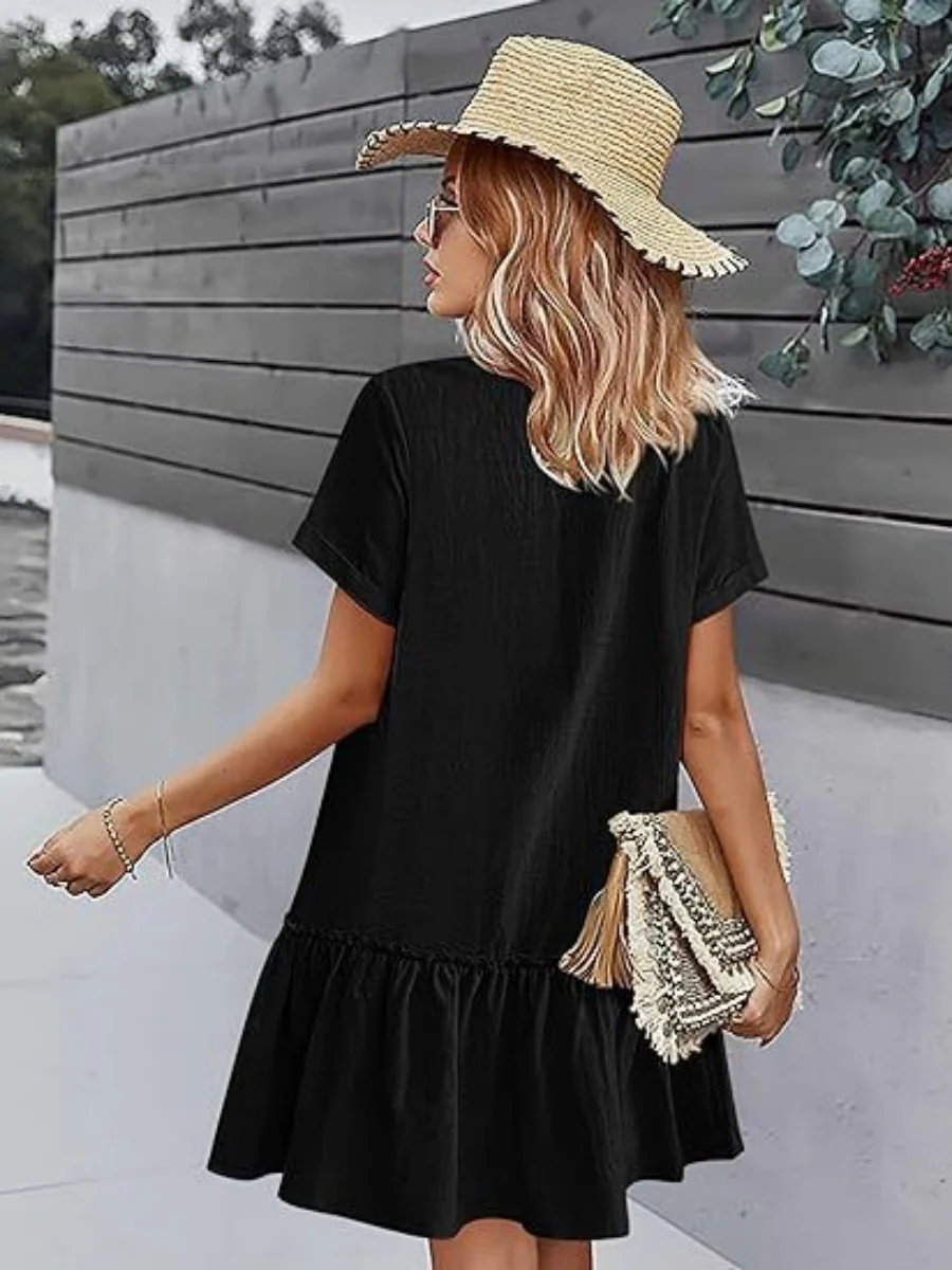 Single Row V-neck Loose-fit Short Sleeve Mini&Short Dresses - Image 6