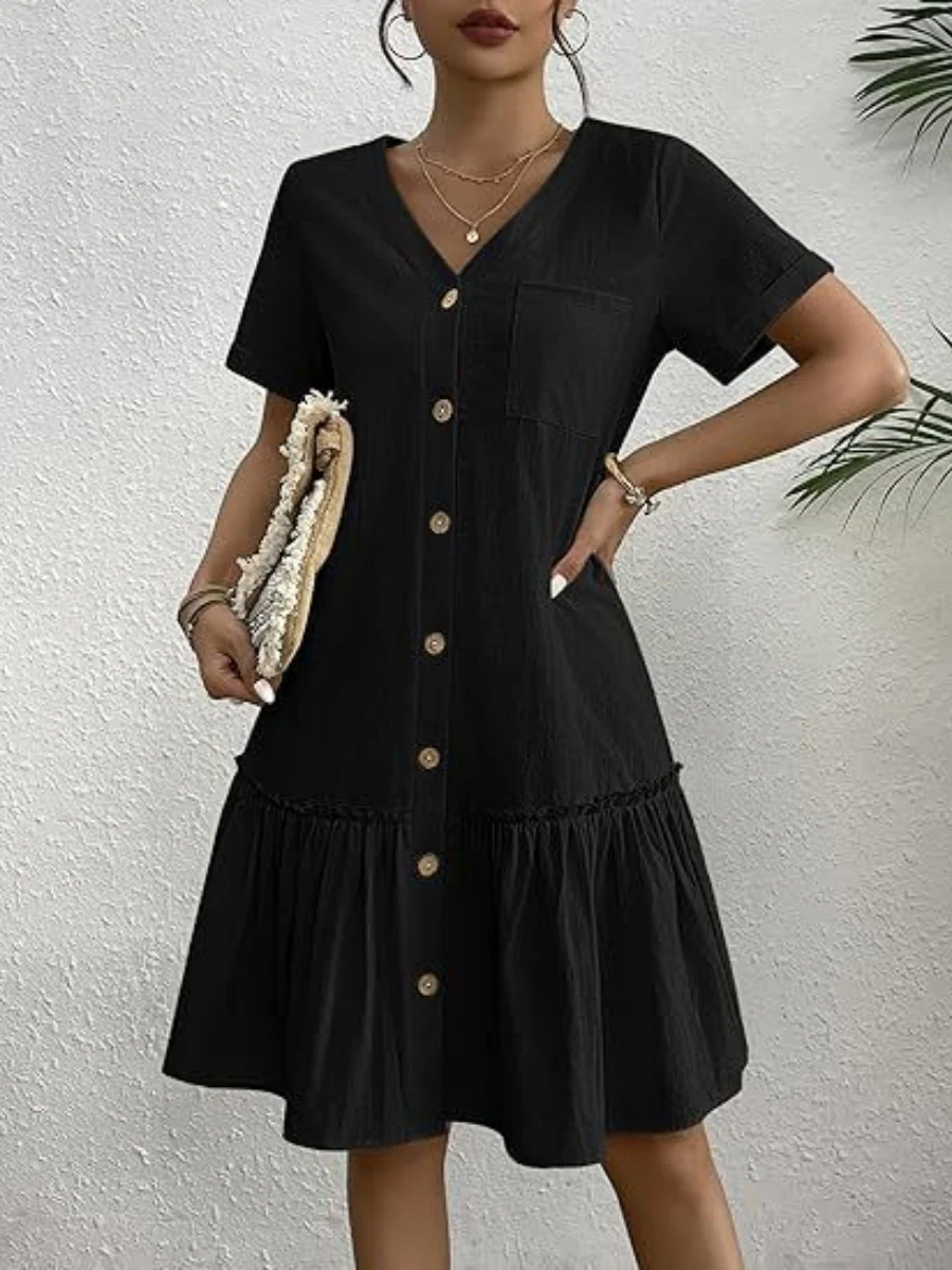 Single Row V-neck Loose-fit Short Sleeve Mini&Short Dresses - Image 7