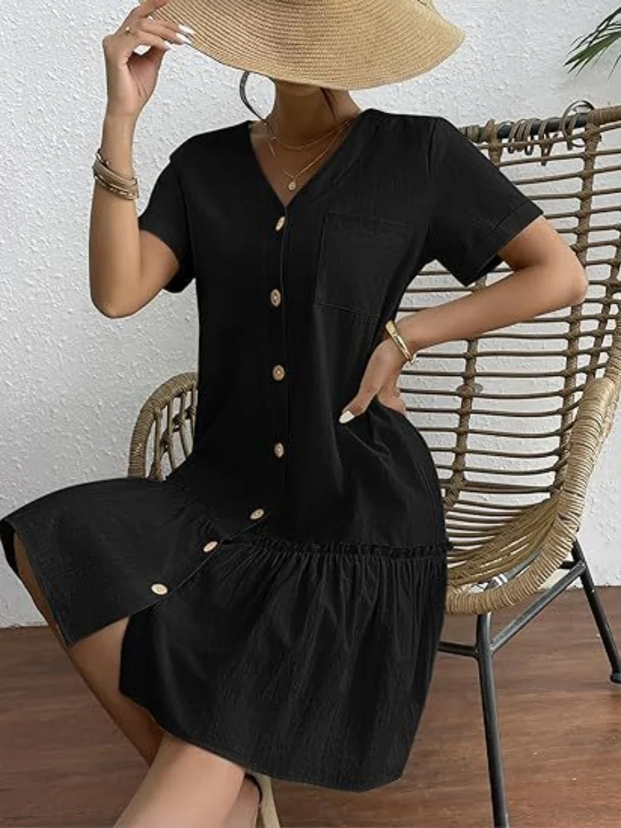 Single Row V-neck Loose-fit Short Sleeve Mini&Short Dresses - Image 8