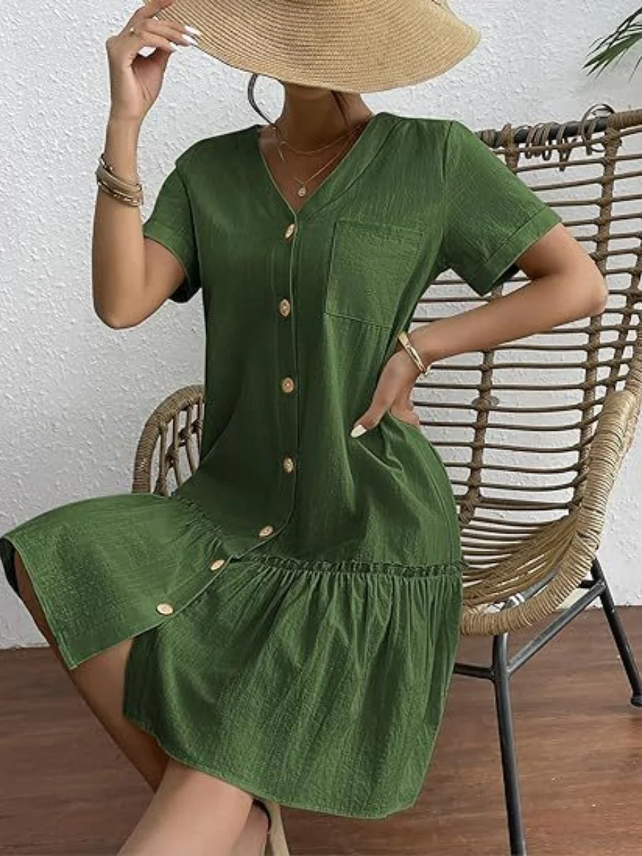 Single Row V-neck Loose-fit Short Sleeve Mini&Short Dresses - Image 9