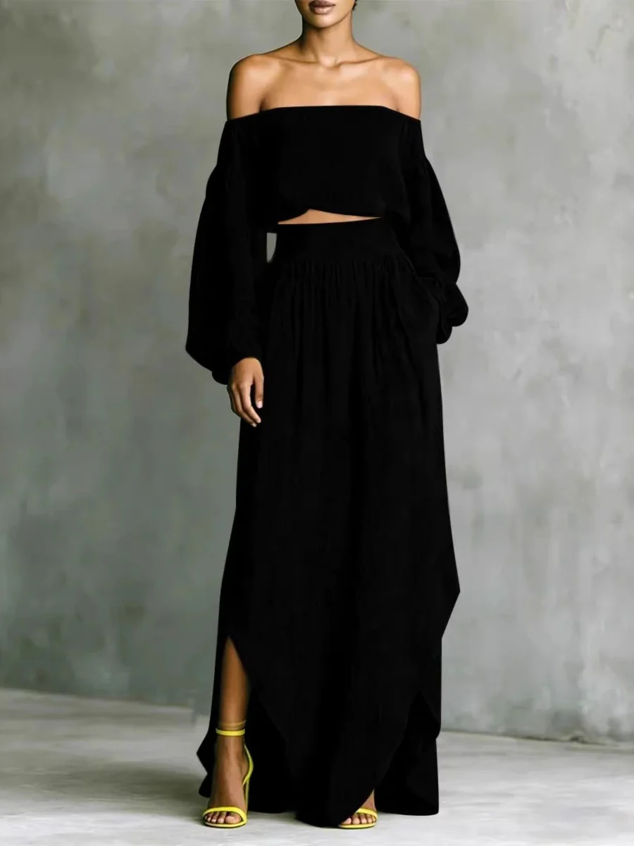 Off Shoulder Cropped Long-sleeved Two-piece Suit - Image 4