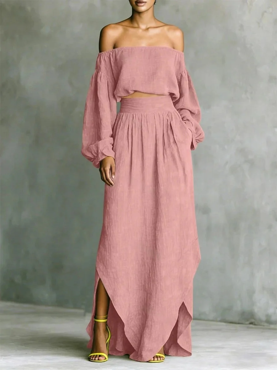 Off Shoulder Cropped Long-sleeved Two-piece Suit - Image 6