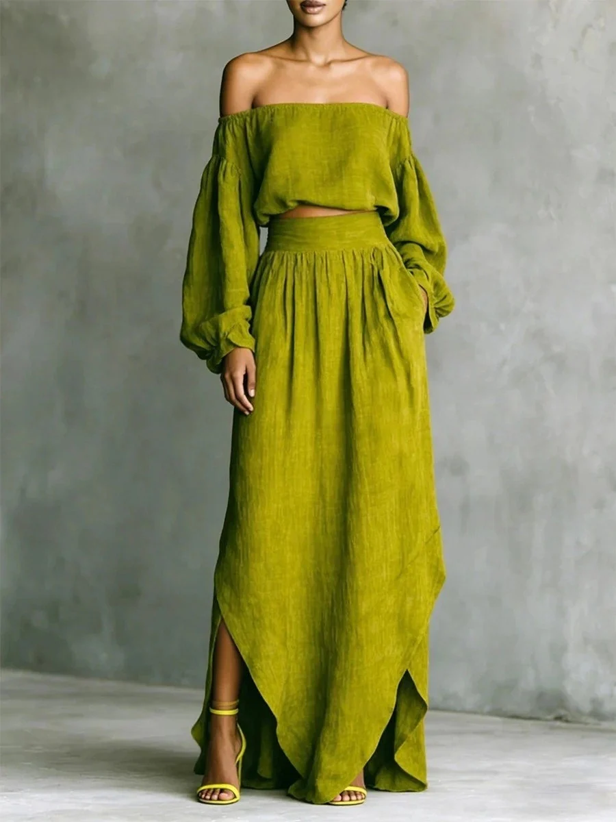 Off Shoulder Cropped Long-sleeved Two-piece Suit - Image 8