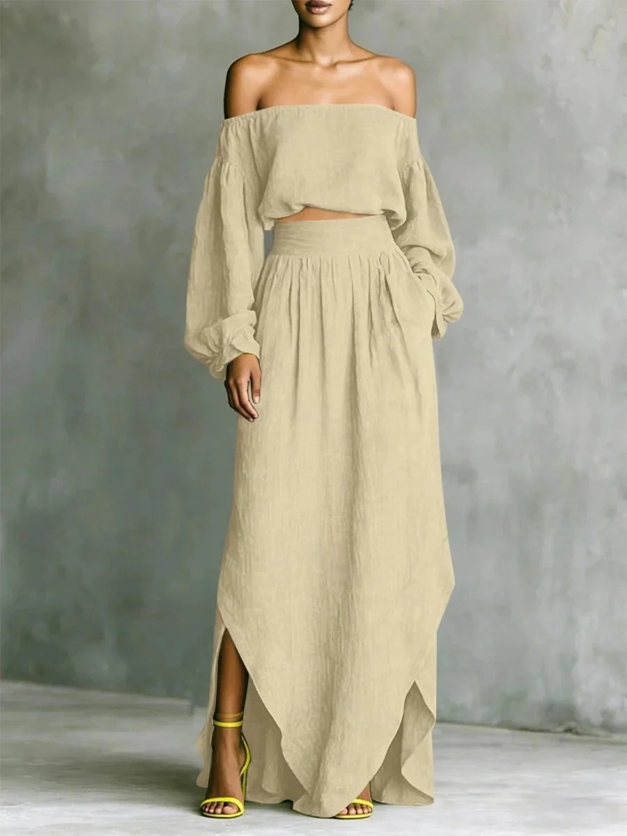 Off Shoulder Cropped Long-sleeved Two-piece Suit - Image 9