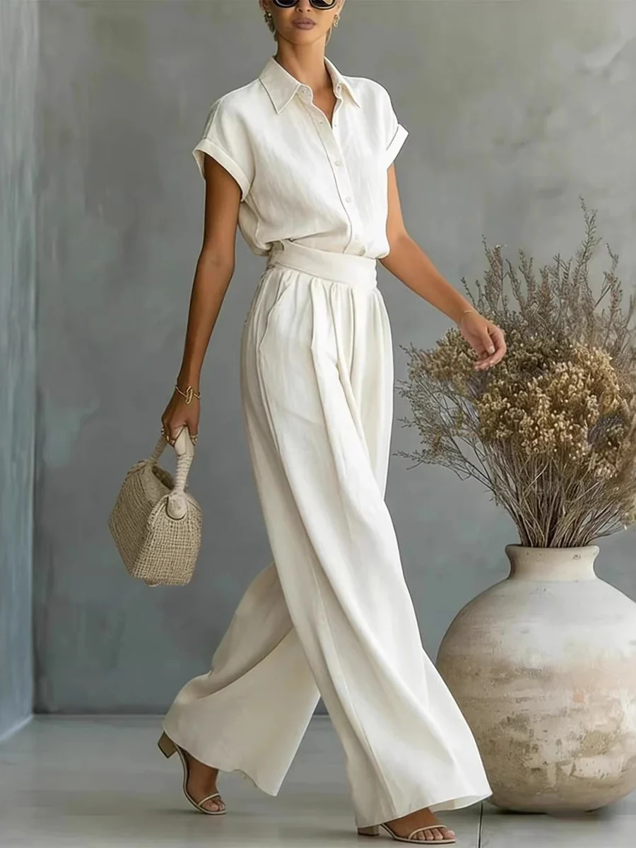Short-sleeved Shirt Loose-fit Wide-leg Pants Set 2-piece Sets - Image 2