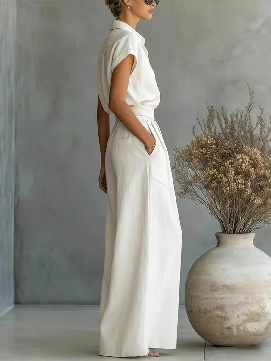Short-sleeved Shirt Loose-fit Wide-leg Pants Set 2-piece Sets - Image 4