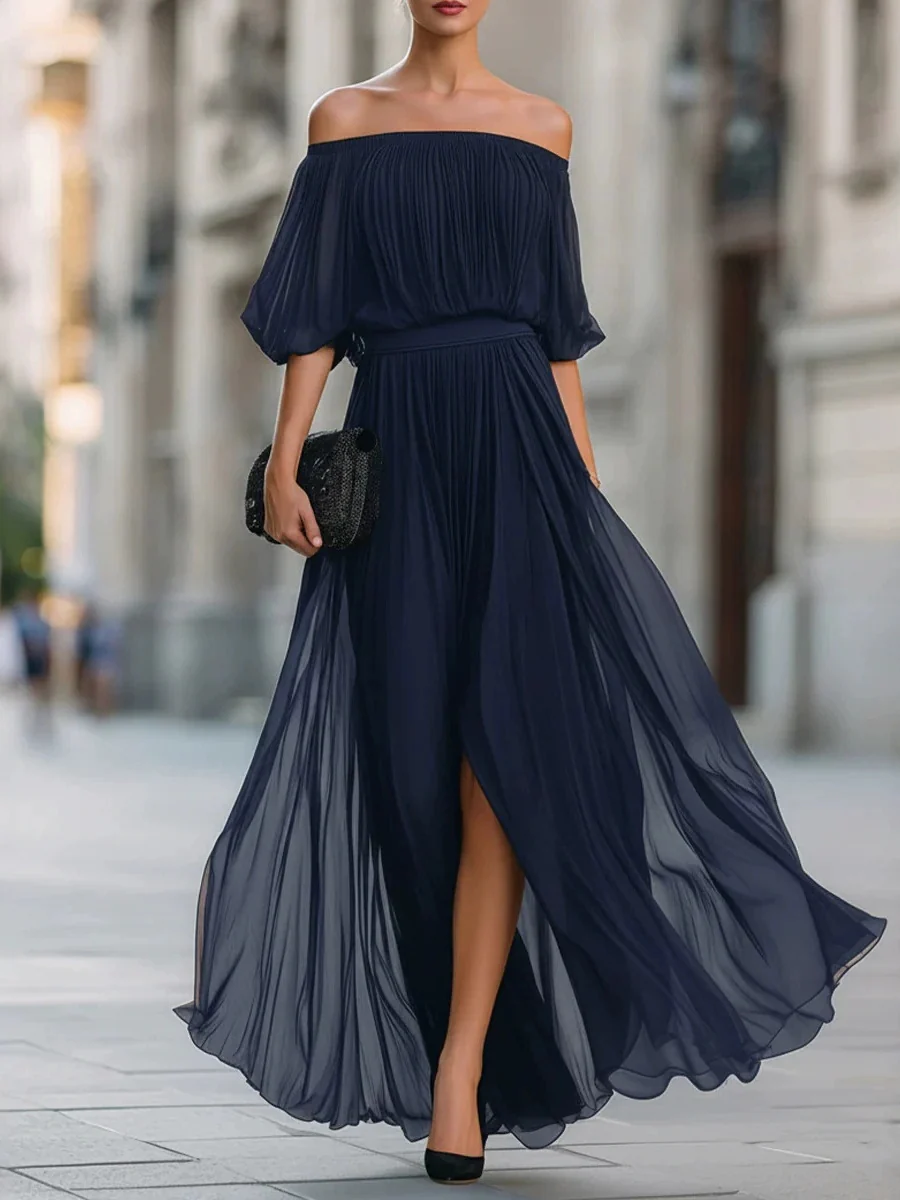Off Shoulder Elegant Pleats Solid Color Slit Maxi Dresses - Image 2