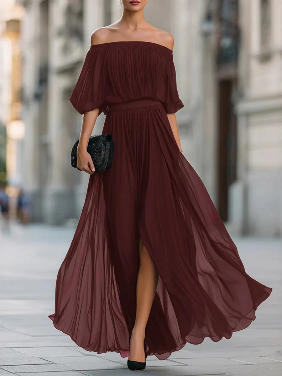 Off Shoulder Elegant Pleats Solid Color Slit Maxi Dresses - Image 3