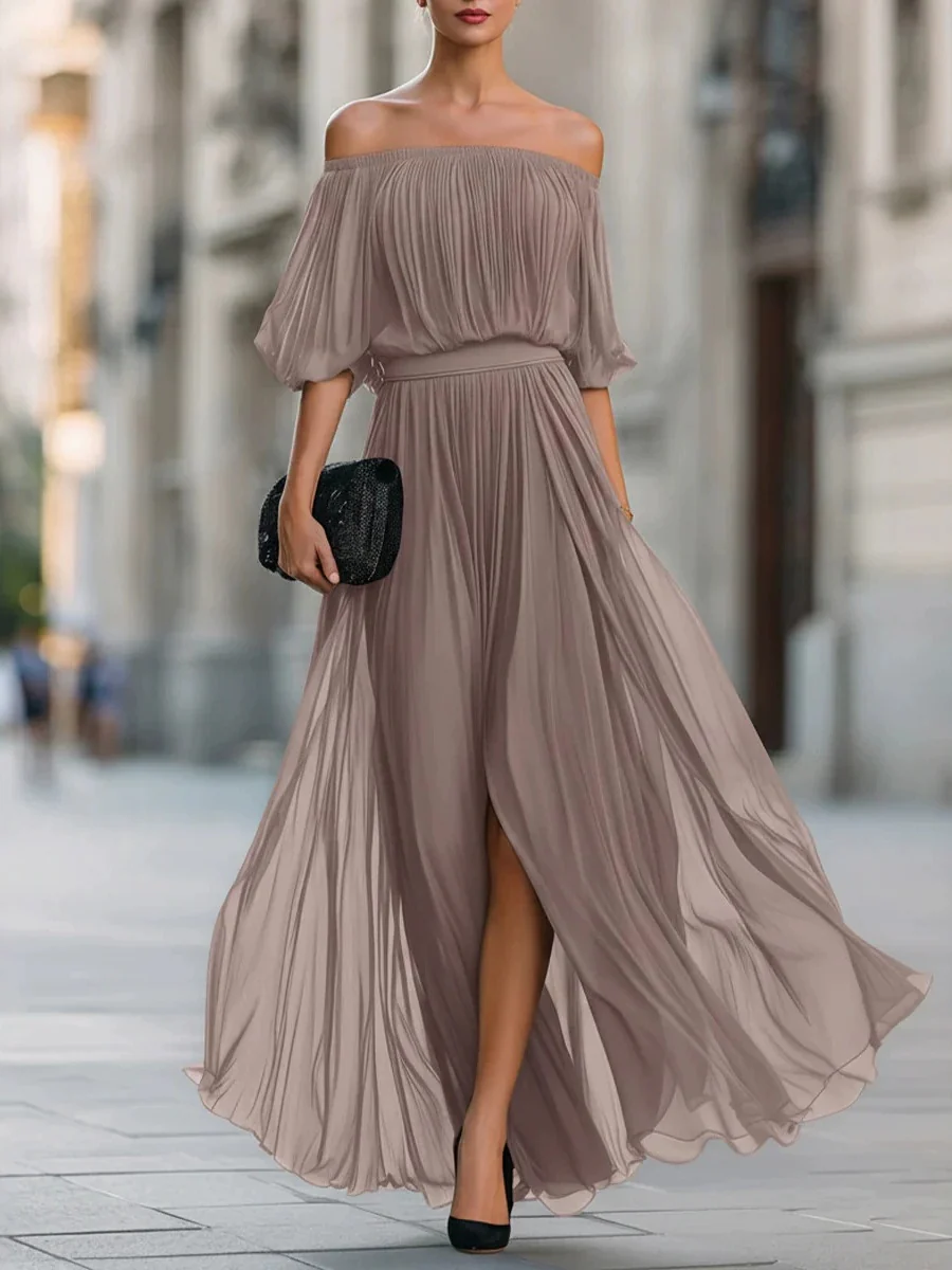 Off Shoulder Elegant Pleats Solid Color Slit Maxi Dresses - Image 4