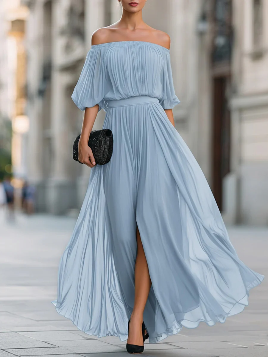 Off Shoulder Elegant Pleats Solid Color Slit Maxi Dresses - Image 5
