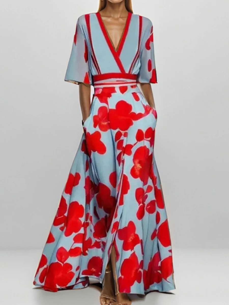 Pattern Printed Temperament V-neck Lace Up Large Skirt Maxi Dresses - Image 2