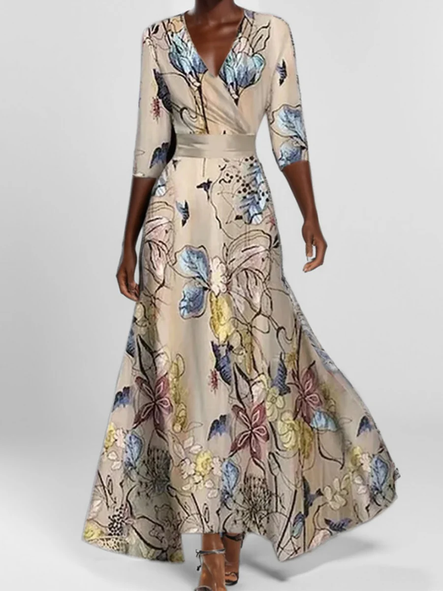 Pattern Printed Temperament V-neck Lace Up Large Skirt Maxi Dresses - Image 3