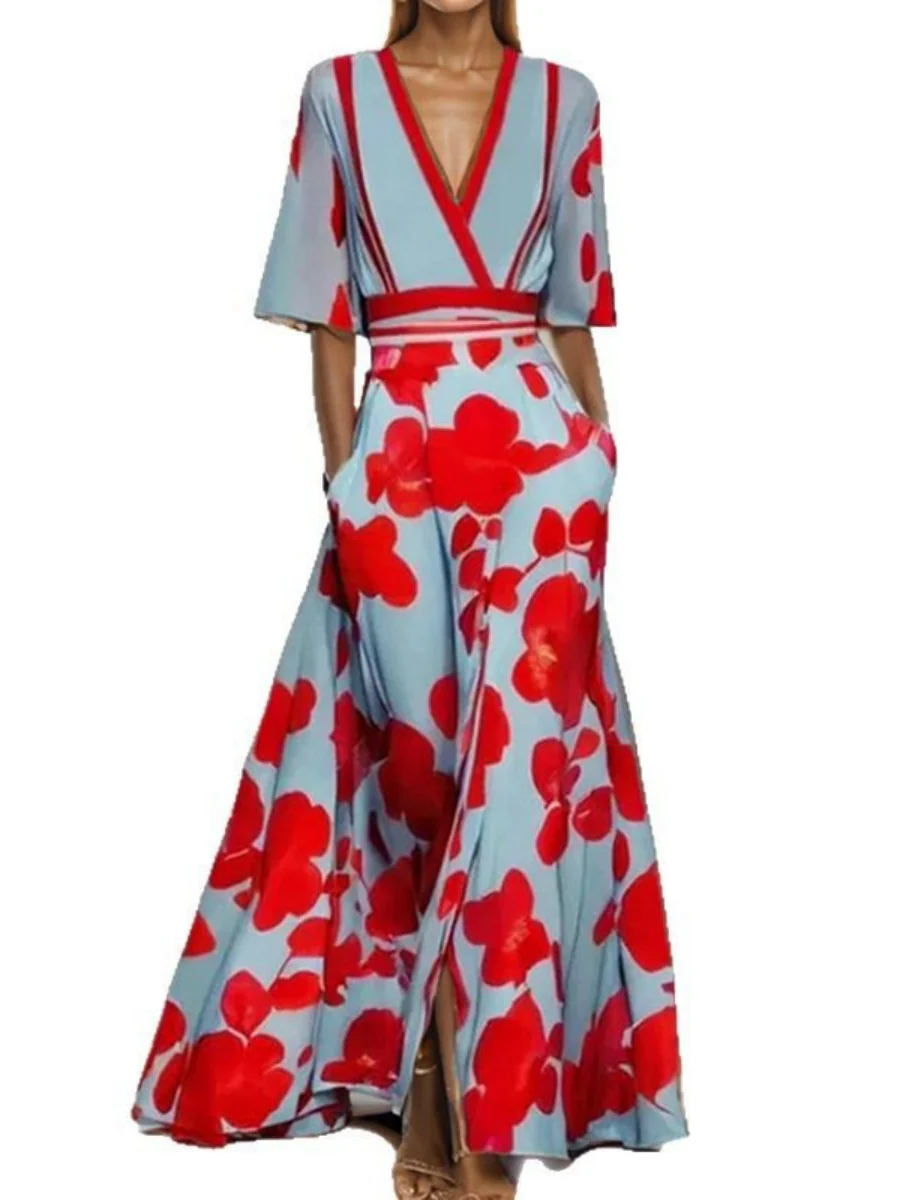 Pattern Printed Temperament V-neck Lace Up Large Skirt Maxi Dresses - Image 4